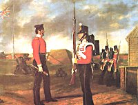 Major Thomas Graham Egerton, 77th Foot inspecting a sentry on Kings Bastion, Portsmouth 1849. From an oil painting by D. Cunliffe.