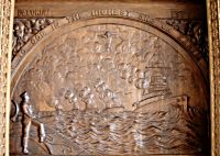 The carved wooden panel at the centre of the Jellicoe Memorial