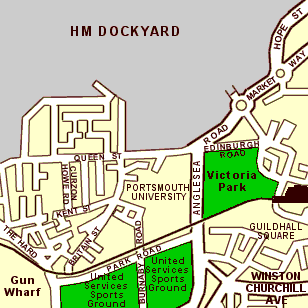 Map showing the location of Victoria Park and the Guildhall